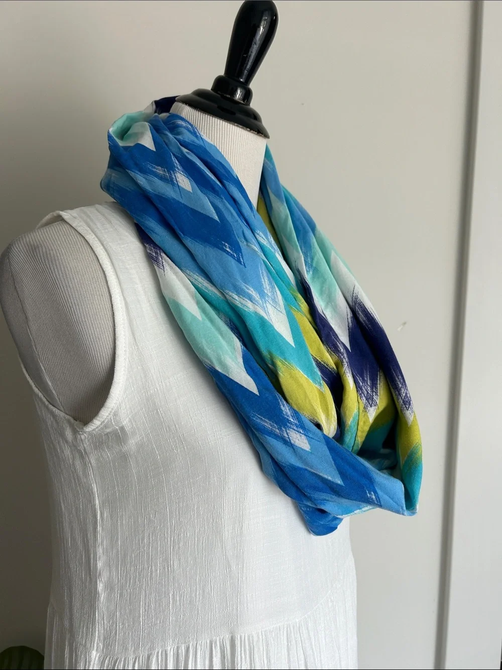 Colorful infinity scarf purple yellow blue turquoise white